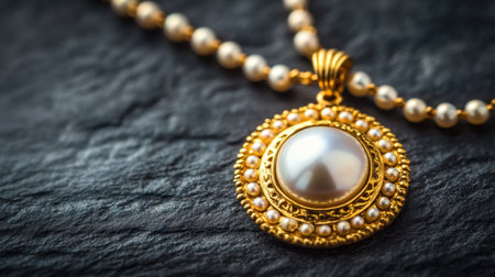 Captivating close-up of a luxurious gold pendant featuring a large pearl, surrounded by delicate small pearls set against a rich black surface, ideal for showcasing elegance in jewelry.の素材