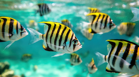 Discover a captivating underwater scene filled with vibrant tropical fish, showcasing their distinct striped patterns amidst the clear blue ocean water, creating a serene atmosphere.の素材