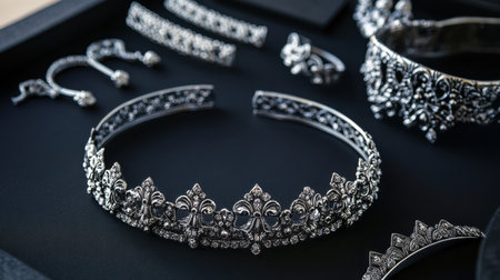 Discover a stunning vintage silver jewelry set, featuring beautifully crafted tiaras, bracelets, necklaces, and earrings, perfect for special occasions and elegant adornments.の素材