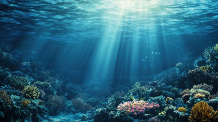 Explore the stunning underwater scene rich in colorful coral reefs illuminated by sunlight, revealing a serene aquatic environment and diverse marine life.の素材