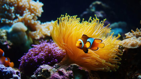 Explore a stunning underwater world with a clownfish gracefully navigating vibrant anemones and colorful coral, captured in crystal-clear ocean waters.の素材