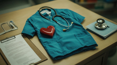 A serene setting showcasing medical scrubs and a stethoscope on a table, symbolizing care, compassion, and professionalism in the healthcare industry.の素材