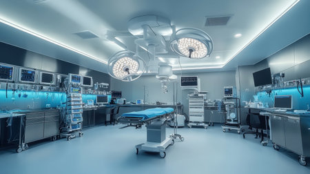 State-of-the-art operating room featuring advanced surgical equipment, bright illumination, and a clean environment, ideal for medical procedures and enhancing patient safety.の素材