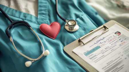 A close-up view showcasing a vibrant lab coat with a heart pin, a stethoscope, and a patient's medical chart, highlighting the compassion in healthcare settings.の素材