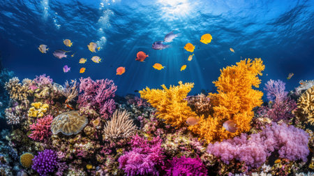 Explore an enchanting underwater world showcasing a vibrant coral reef, diverse fish species, and stunning marine colors illuminated by sunlight that penetrates the ocean surface.の素材