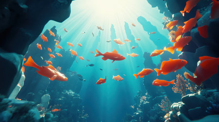 A stunning underwater scene featuring a lively school of goldfish swimming amongst beautiful rock formations, illuminated by soft rays of sunlight, showcasing the beauty of marine life.の素材