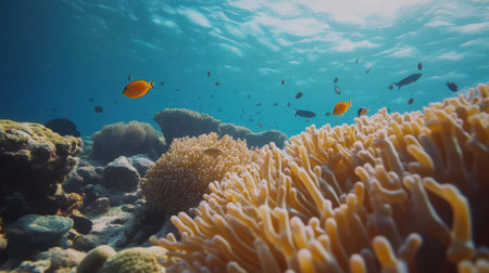 Explore a stunning underwater scene featuring vibrant coral reefs and a variety of tropical fish swimming peacefully in clear blue water, showcasing marine beauty and biodiversity.の素材