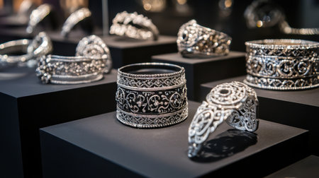 A captivating display of beautifully crafted silver jewelry showcasing detailed designs and elegance, perfect for illustrating artistic craftsmanship and fashion trends.の素材