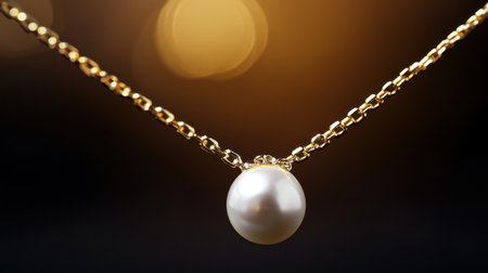 A close-up view of a stunning gold chain necklace featuring an elegant round pearl pendant, beautifully illuminated against a soft, warm bokeh background, highlighting its luxe design.の素材