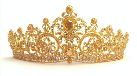 This stunning gold tiara features exquisite detailing and shimmering gemstones, perfect for enhancing elegance at any special occasion or themed event.の素材