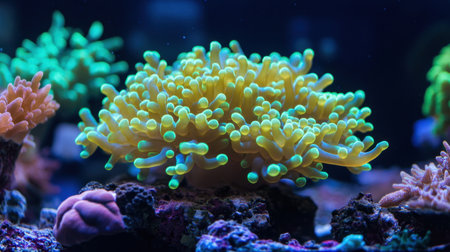Discover the stunning beauty of bright yellow coral in a dark ocean habitat, showcasing vibrant colors and unique structures, perfect for marine and nature enthusiasts.の素材