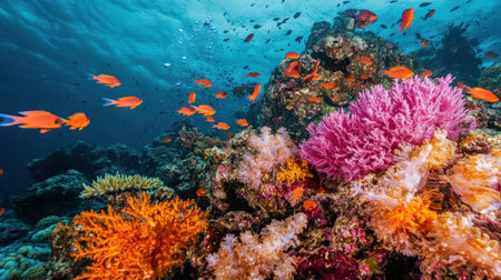 A stunning underwater landscape showcasing a variety of vibrant coral reefs and schools of tropical fish amidst a clear blue ocean, highlighting nature's beauty and biodiversity.の素材
