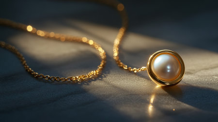 A stunning gold necklace featuring a lustrous pearl pendant. The delicate design and warm light create an atmosphere of elegance, ideal for showcasing luxury jewelry.の素材