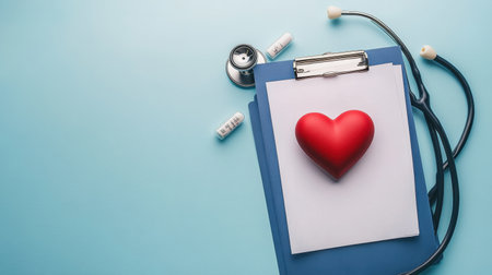A vibrant composition featuring a red heart symbol placed on a clipboard alongside a stethoscope, representing healthcare, compassion, and wellness in medical settings.の素材