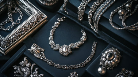 A stunning array of silver jewelry beautifully arranged on a black surface, showcasing intricate designs that highlight craftsmanship and elegance, perfect for fashion and accessory themes.の素材