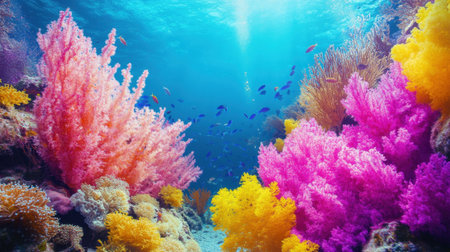 Explore a stunning underwater paradise filled with vibrant coral reefs, diverse fish species, and majestic light beams filtering through the crystalline blue waters.の素材
