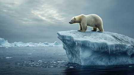 A striking image of a polar bear standing on an expanse of ice, showcasing the incredible beauty and fragility of Arctic ecosystems in a dramatic setting.の素材