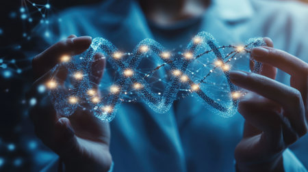 A captivating image of hands holding a dynamic 3D helix structure illuminated by glowing nodes, symbolizing connections in scientific research and innovation.の素材