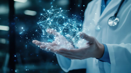 A healthcare professional showcases a digital network in their hands, illustrating the intersection of technology and modern medicine in a transformative healthcare environment.の素材