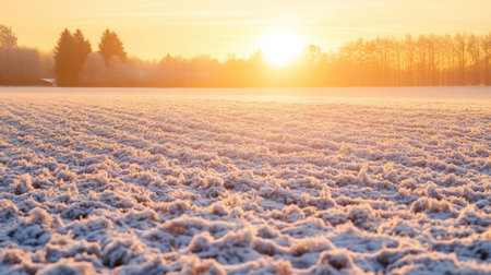 A serene winter scene showcasing a stunning sunrise over a snow-covered field, highlighting the soft golden light and the tranquil beauty of nature. Perfect for winter-themed imagery.の素材