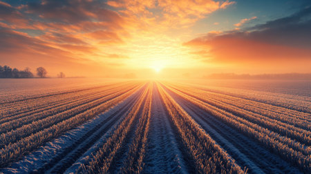 This captivating image depicts a beautiful winter sunrise over frosty fields, showcasing vibrant orange and warm light casting long shadows, evoking a sense of peace and tranquility.の素材