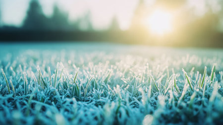 A stunning close-up of frosty grass illuminated by the soft morning light, showcasing the delicate ice crystals that glisten as the sun rises in the background.の素材