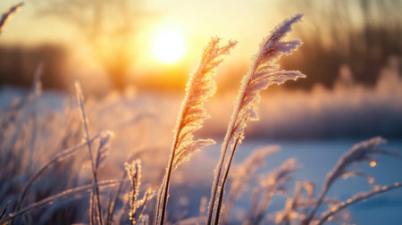 A beautiful winter sunrise brightens a frosted grass landscape, creating a tranquil atmosphere with glimmering light and serene natural beauty. Perfect for nature lovers.の素材