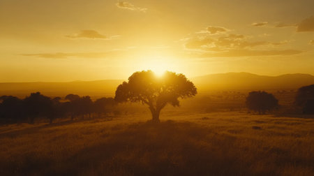 Captivating sunrise illuminates a peaceful landscape with a lone tree, casting a serene silhouette against the golden sky, evoking feelings of tranquility and harmony.の素材
