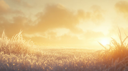 A beautiful sunrise casts a warm golden light over a frosty field, showcasing gentle clouds and glowing grass in a tranquil early morning landscape that evokes peace.の素材