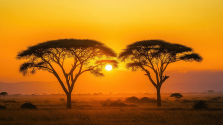 Beautiful sunset scene showcasing two acacia trees silhouetted against a vibrant golden sky over the African savannah, creating a tranquil and serene atmosphere perfect for nature lovers.の素材
