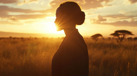 A breathtaking silhouette of a woman stands against a stunning sunset, framed by a serene landscape. This captivating scene embodies tranquility and the beauty of nature.の素材