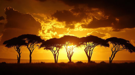 A striking silhouette of acacia trees captures the beauty of an African sunset, with vibrant hues of orange and yellow creating a tranquil and serene atmosphere in nature.の素材
