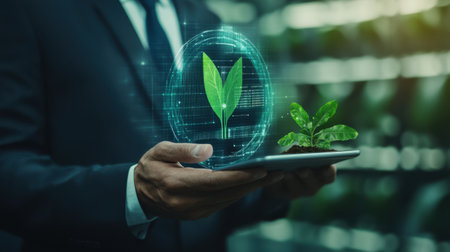 A businessman showcases a tablet displaying a digital plant growth concept, emphasizing innovative eco-friendly solutions for sustainable agriculture and environmental progress.の素材