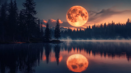 A breathtaking view of a full moon rising over a tranquil lake, casting vibrant reflections and framed by tall evergreen trees and distant mountains.の素材