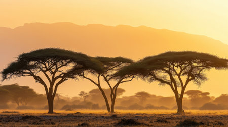 A breathtaking view of acacia trees silhouetted against a golden sunset, capturing the essence of the African wilderness in a peaceful and serene setting.の素材
