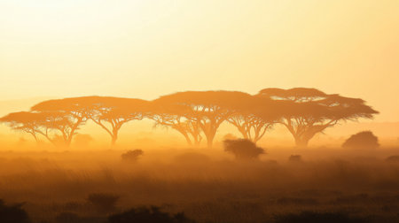 A stunning view of silhouetted acacia trees at sunset in the African savanna, showcasing a warm golden hue with soft mist creating a tranquil atmosphere.の素材