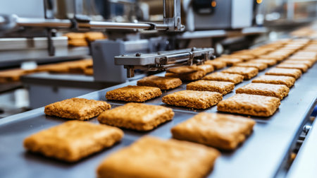 This image captures a modern food production line showing crisp snacks moving on a conveyor belt, highlighting automated machinery and a clean factory environment.の素材