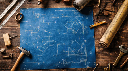 A serene workspace featuring an architectural blueprint on a wooden desk, complemented with various tools, rulers, and materials for design and construction projects.の素材