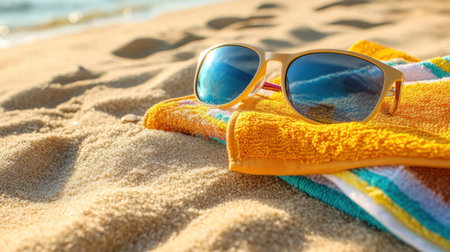 A pair of stylish sunglasses rests on a colorful beach towel with soft sand and gentle waves in the background, capturing the essence of summer relaxation and outdoor leisure.の素材