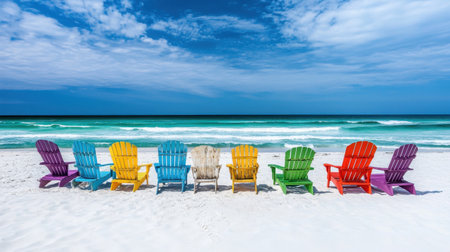 A row of colorful beach chairs awaits on a sandy shore, offering a perfect spot to relax under a bright sky, ideal for capturing the essence of summer vacations.の素材