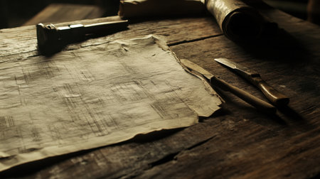 A serene workspace featuring vintage architecture blueprints and tools on a rustic wooden table, highlighting the beauty of craftsmanship and the creative process.の素材