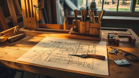 A vintage blueprint rests on a wooden workbench, surrounded by a variety of craftsman tools, all bathed in warm sunlight, inspiring creativity and meticulous craftsmanship.の素材