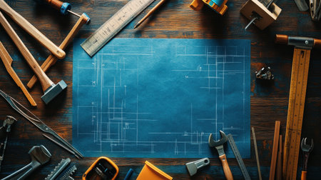 A top-down view of a blueprint surrounded by various tools on a rustic wooden table, representing creative design, planning, and the craftsmanship involved in construction projects.の素材