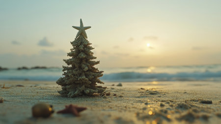 A charming sand Christmas tree stands on the beach, framed by gentle waves and a scenic sunset, embodying a unique blend of festive spirit and tranquil ocean vibes.の素材