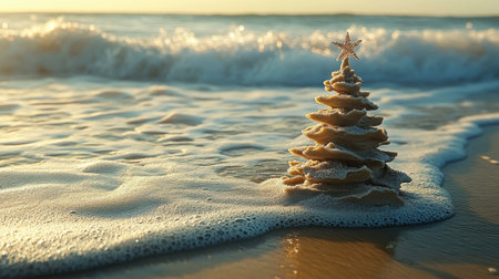 A striking sand Christmas tree with a star sits on the beach as gentle waves crash nearby, creating a unique festive scene that captures the essence of holiday spirit by the sea.の素材