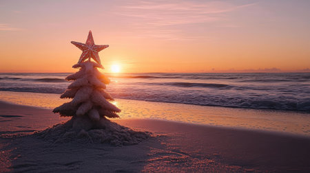 A serene beach scene features a unique Christmas tree made of sand, glowing under a beautiful sunset. This captivating image blends holiday spirit with ocean tranquility.の素材