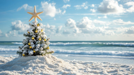 A beautiful Christmas tree adorned with colorful ornaments is set against a stunning beach backdrop, showcasing a perfect blend of holiday spirit and tropical charm.の素材