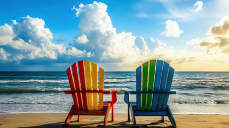 Two colorful beach chairs sit on a sandy shore, facing a beautiful ocean view under a sky filled with vibrant clouds during sunset, creating a perfect relaxation scene.の素材
