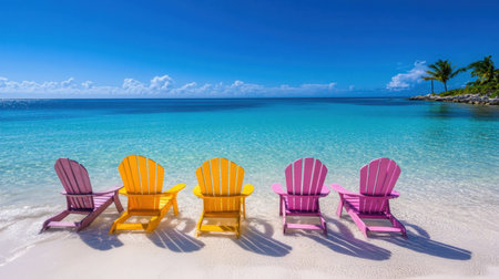 Five vibrant beach chairs lined up on a pristine tropical shore, inviting relaxation by the crystal clear waters under a bright blue sky. Perfect for a peaceful getaway.の素材