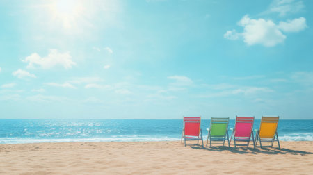 Bright and inviting beach scene featuring colorful chairs on a sandy shore, under a clear blue sky and soft clouds, perfect for relaxation and summer vibes by the ocean.の素材